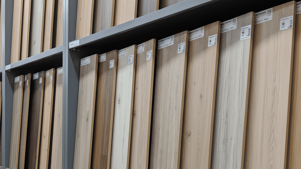 Redovi uzoraka laminata različitih tekstura i boja na policama u specijaliziranoj trgovini